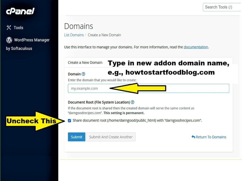 06a file in domain name and uncheck share doc root