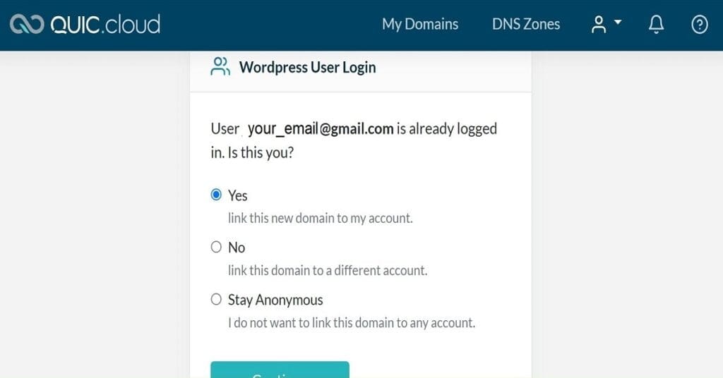 08 litespeed login quic.cloud and respond yes and tap continue