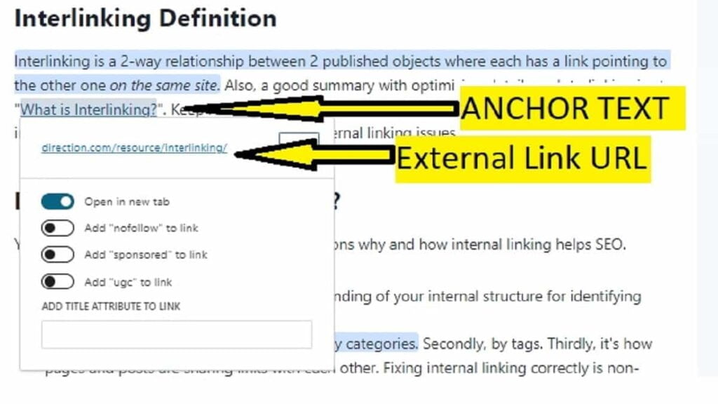 example of external link and internal anchor text used for directiondotcom