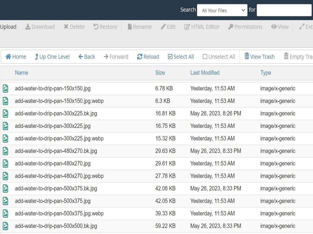 file manager example of images and resized files and formats