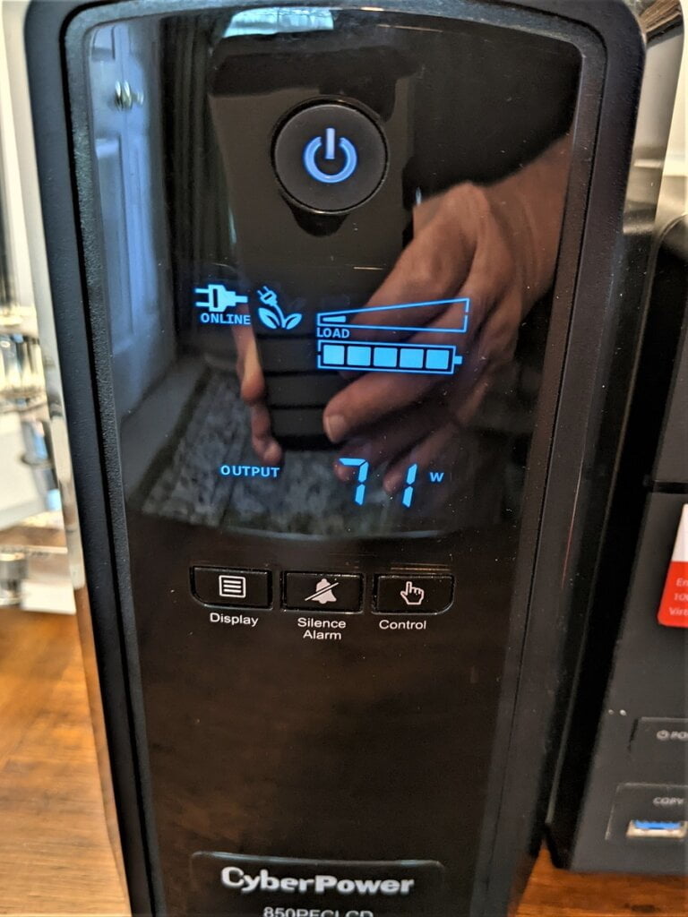 home office ups front showing watts usage