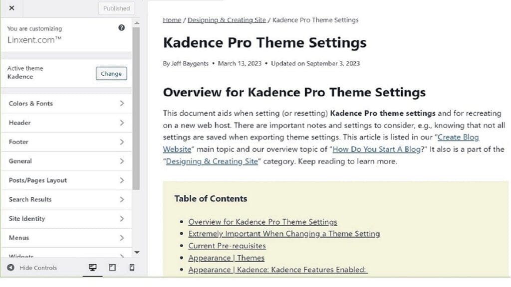 kadence pro theme settings customization