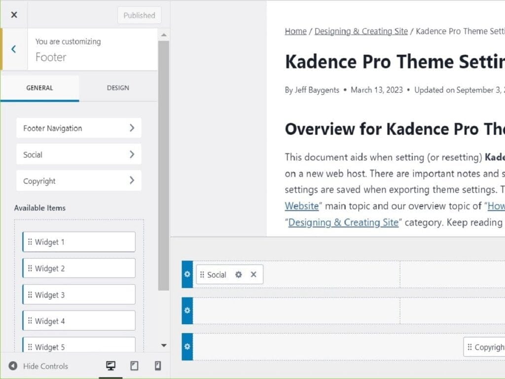 kadence pro theme settings footer