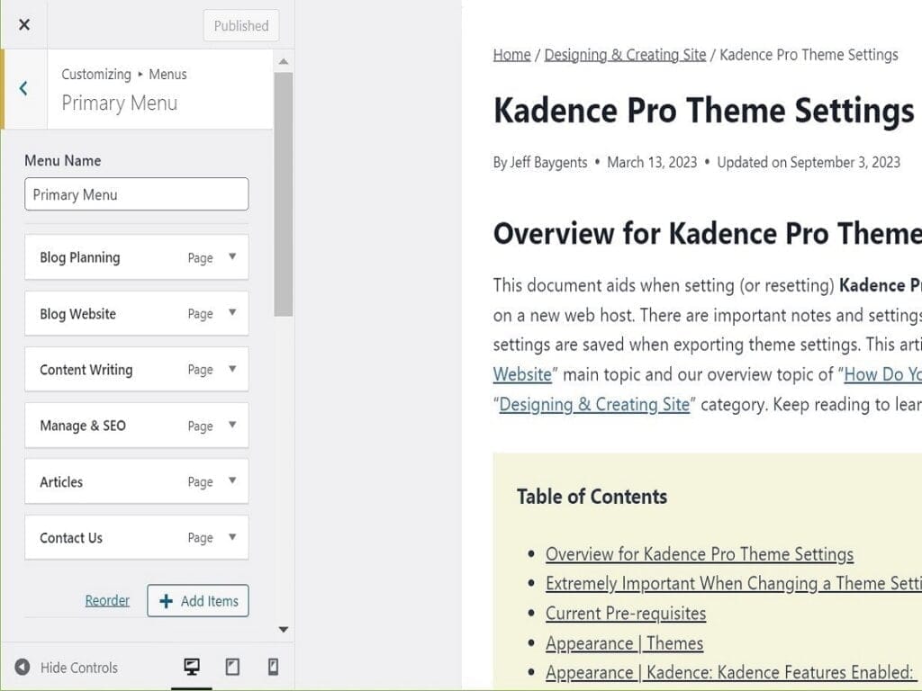 kadence pro theme settings primary menu customizing