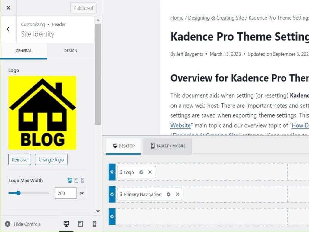 kadence pro theme settings site identity