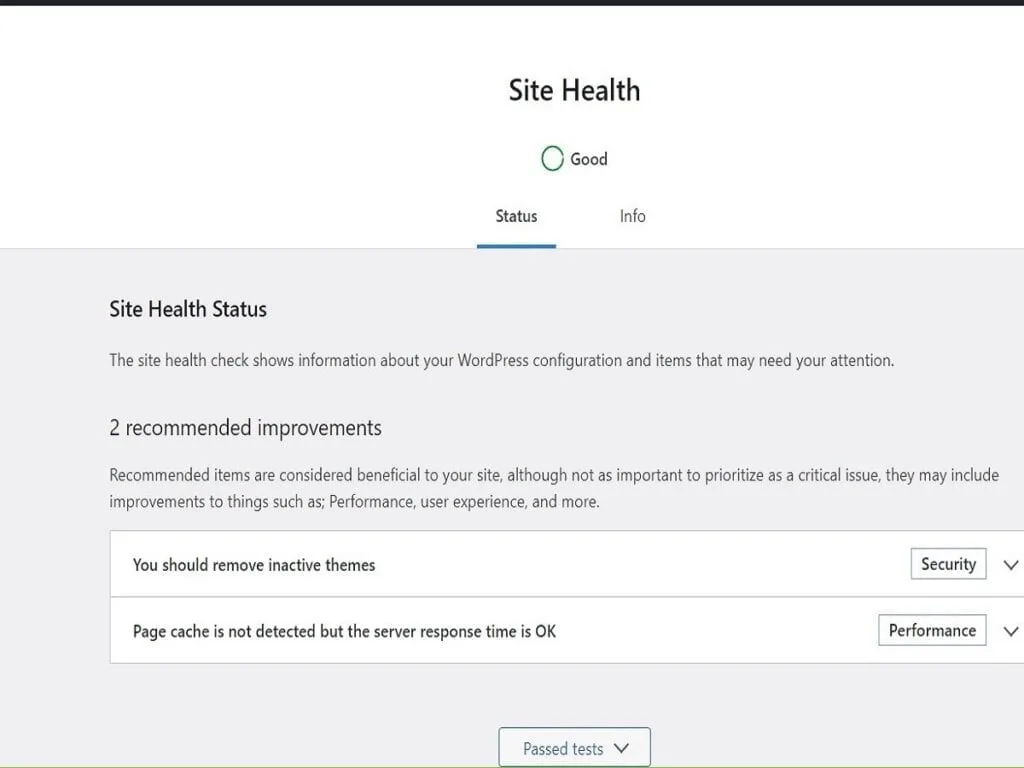 WordPress Setup: Beginner Complete Tutorial Steps with Pics step3e site health after default plugins deleted