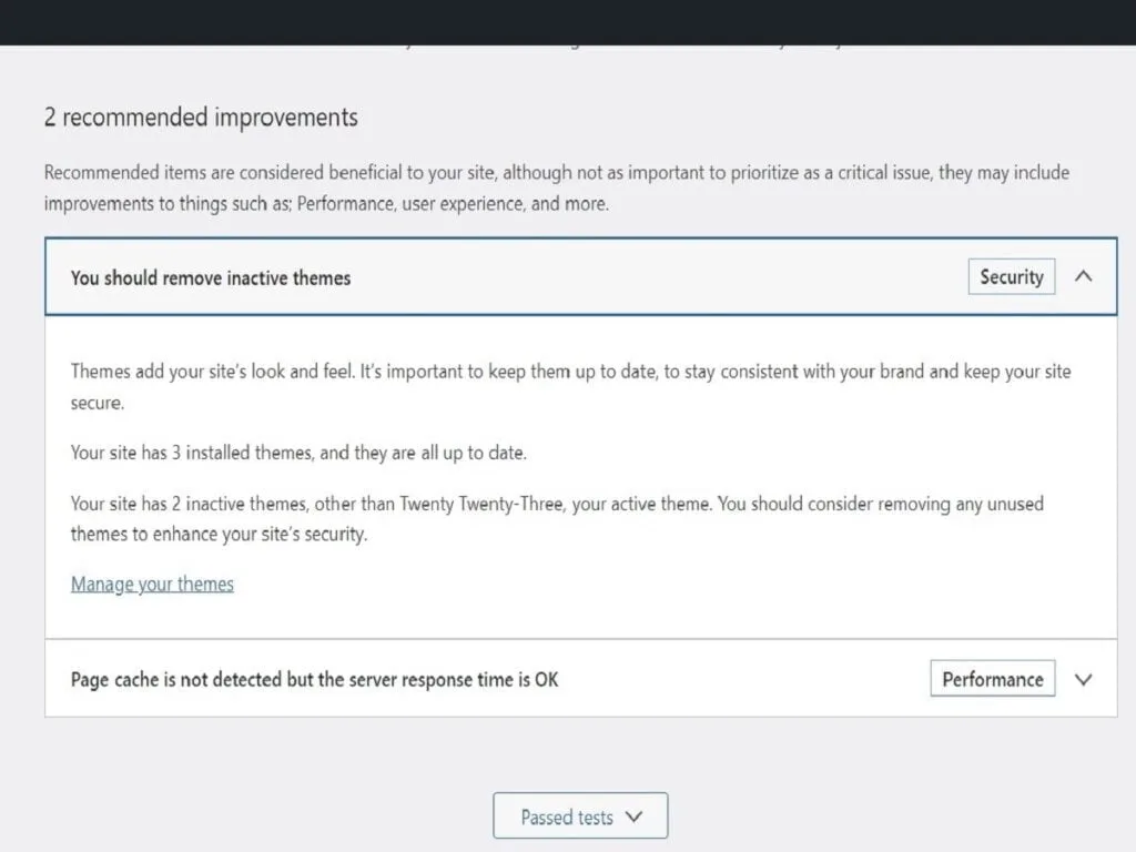 Step3f. Site health detail of recommended inactive themes removal step3f site health detail of recommended inactive themes removal
