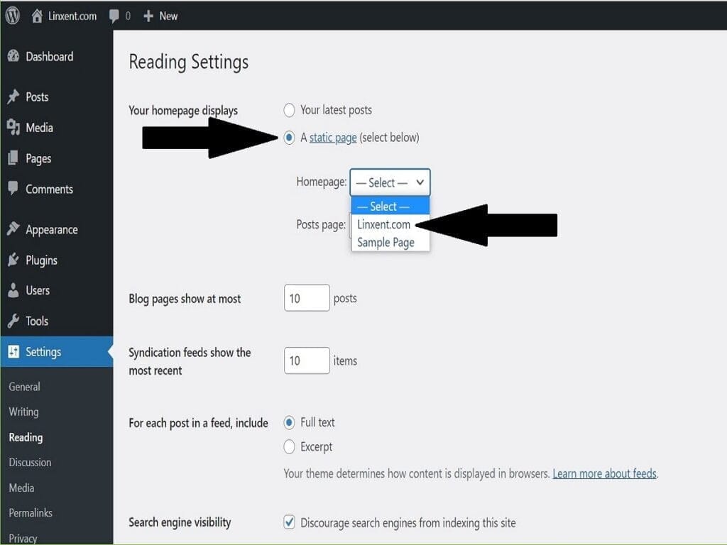 step6h settings reading your homepage displays dropdown options of homepage