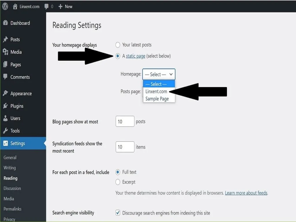 step6h settings reading your homepage displays dropdown options of homepage step6h settings reading your homepage displays dropdown options of homepage