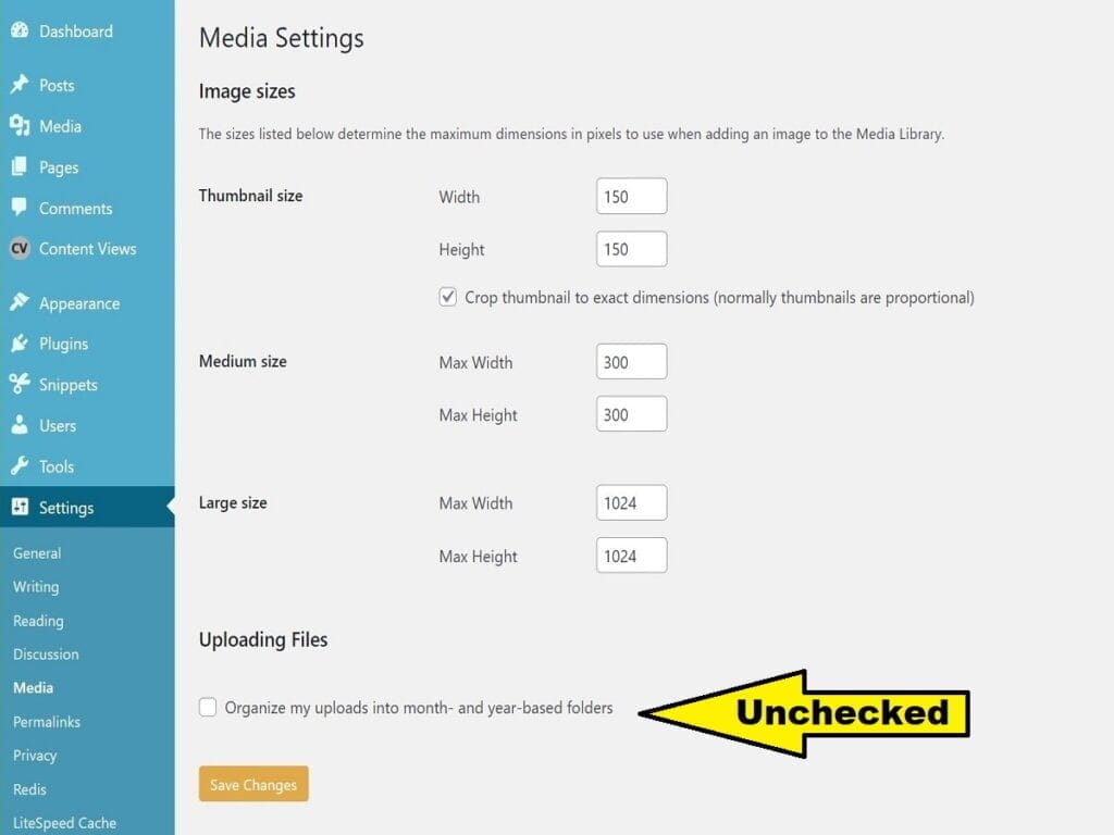 wp media settings after unchecking organize by month and year